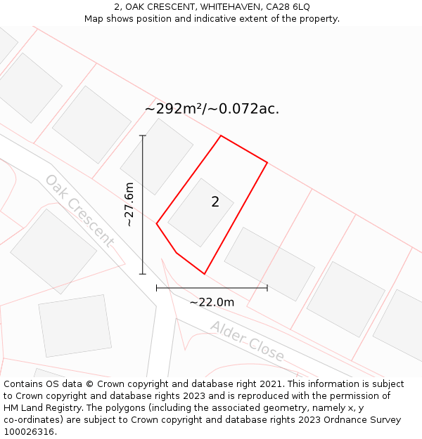 2, OAK CRESCENT, WHITEHAVEN, CA28 6LQ: Plot and title map