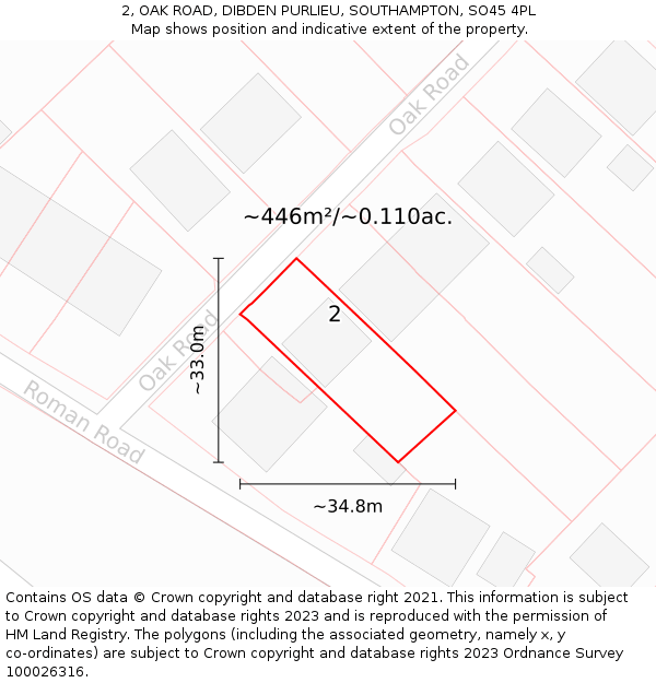 2, OAK ROAD, DIBDEN PURLIEU, SOUTHAMPTON, SO45 4PL: Plot and title map