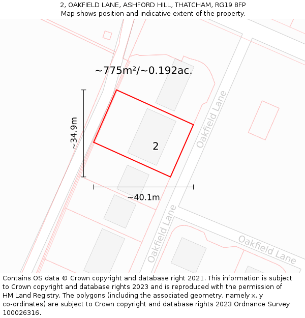 2, OAKFIELD LANE, ASHFORD HILL, THATCHAM, RG19 8FP: Plot and title map