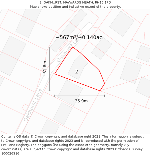 2, OAKHURST, HAYWARDS HEATH, RH16 1PD: Plot and title map