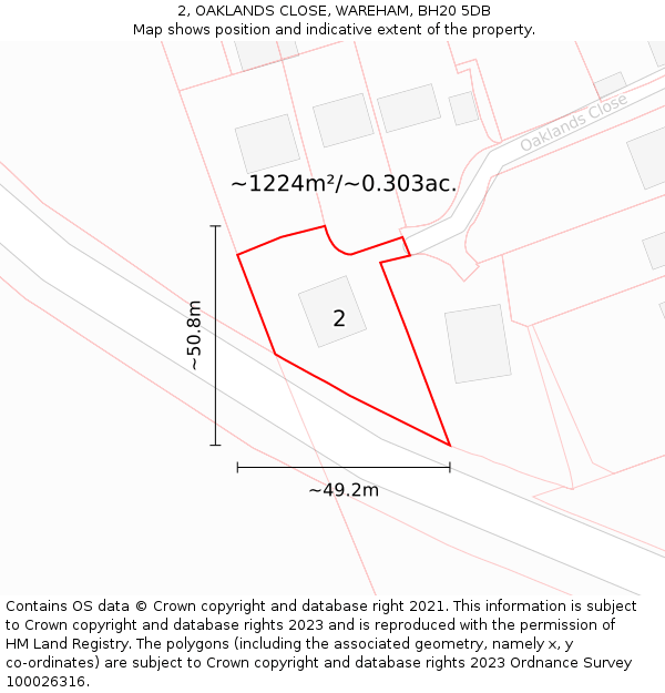 2, OAKLANDS CLOSE, WAREHAM, BH20 5DB: Plot and title map