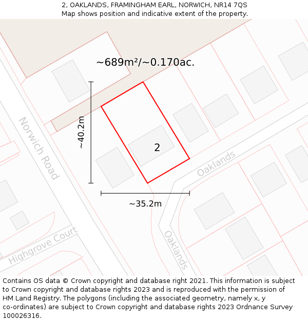 2, OAKLANDS, FRAMINGHAM EARL, NORWICH, NR14 7QS: Plot and title map