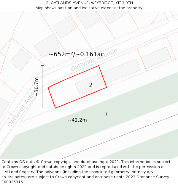 2, OATLANDS AVENUE, WEYBRIDGE, KT13 9TN: Plot and title map