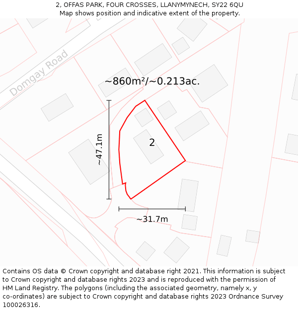 2, OFFAS PARK, FOUR CROSSES, LLANYMYNECH, SY22 6QU: Plot and title map