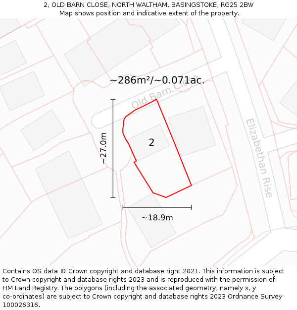 2, OLD BARN CLOSE, NORTH WALTHAM, BASINGSTOKE, RG25 2BW: Plot and title map