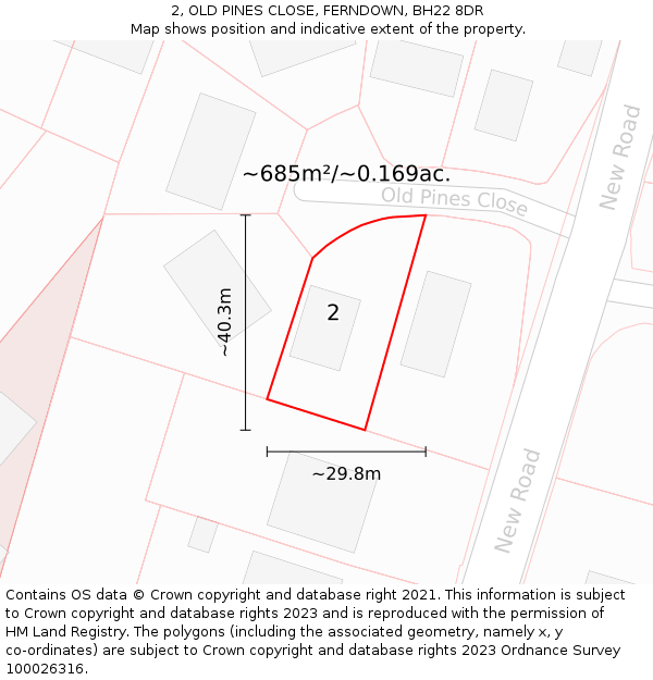 2, OLD PINES CLOSE, FERNDOWN, BH22 8DR: Plot and title map