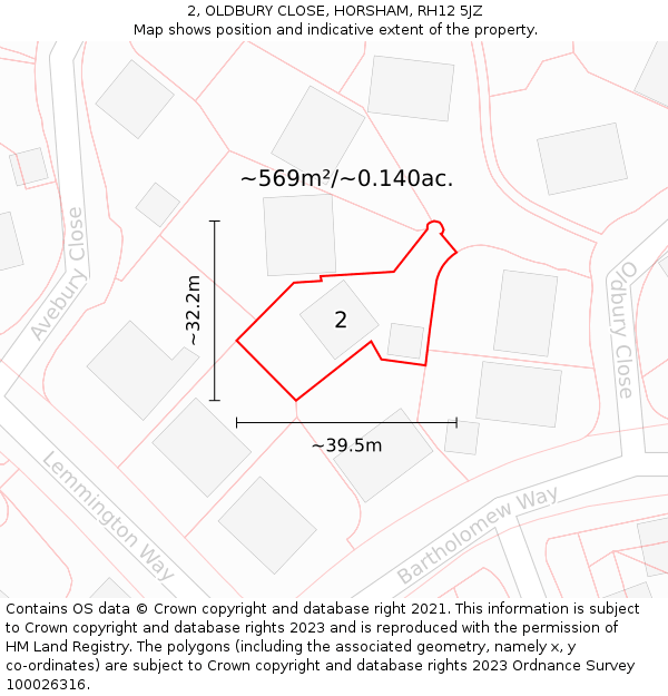 2, OLDBURY CLOSE, HORSHAM, RH12 5JZ: Plot and title map