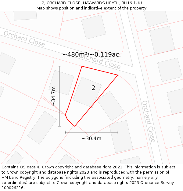 2, ORCHARD CLOSE, HAYWARDS HEATH, RH16 1UU: Plot and title map