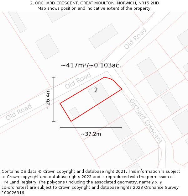 2, ORCHARD CRESCENT, GREAT MOULTON, NORWICH, NR15 2HB: Plot and title map