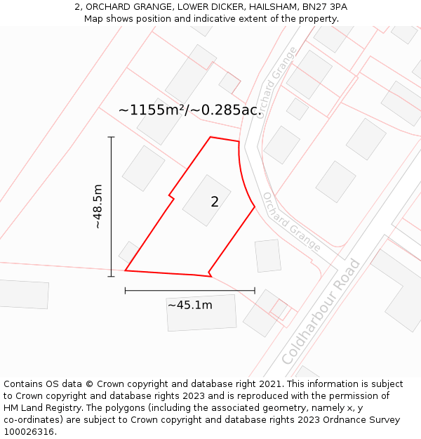 2, ORCHARD GRANGE, LOWER DICKER, HAILSHAM, BN27 3PA: Plot and title map