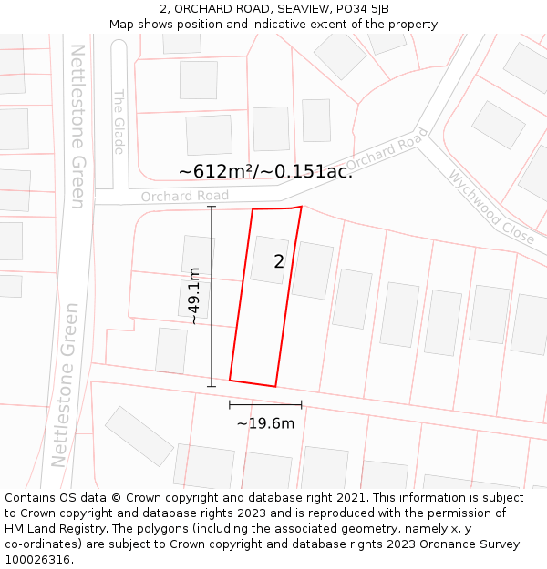 2, ORCHARD ROAD, SEAVIEW, PO34 5JB: Plot and title map