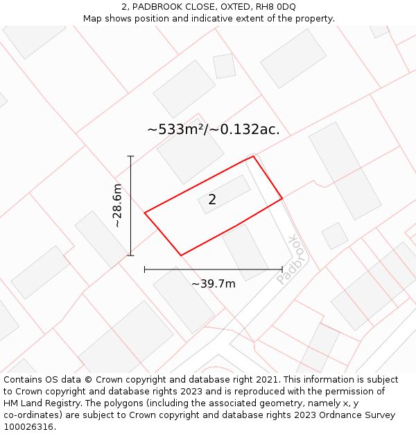 2, PADBROOK CLOSE, OXTED, RH8 0DQ: Plot and title map