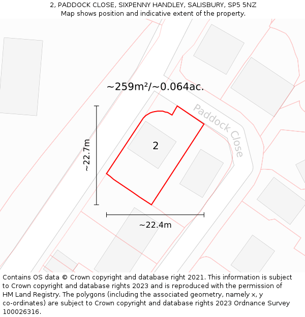 2, PADDOCK CLOSE, SIXPENNY HANDLEY, SALISBURY, SP5 5NZ: Plot and title map