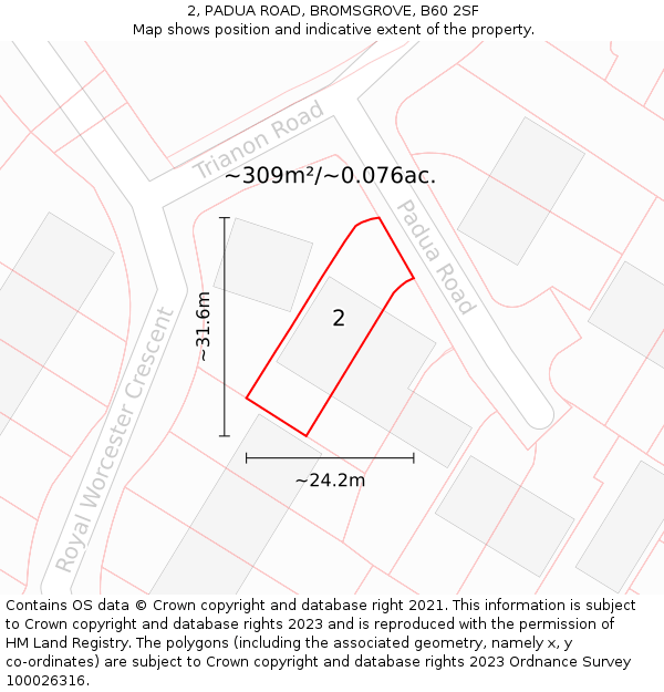 2, PADUA ROAD, BROMSGROVE, B60 2SF: Plot and title map