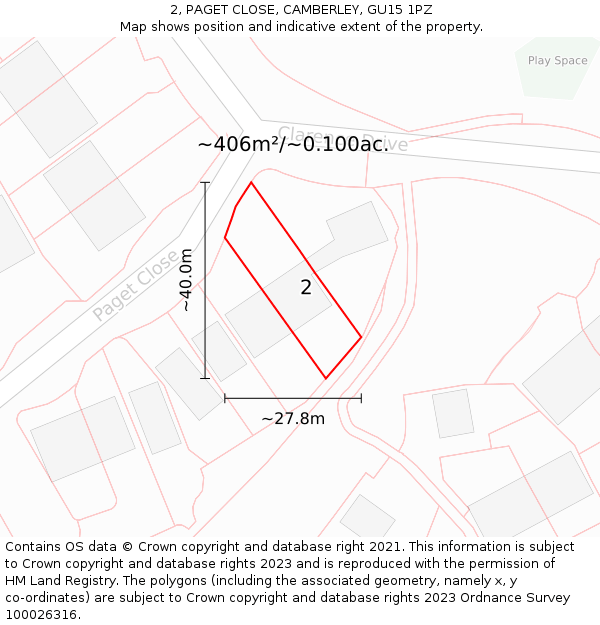 2, PAGET CLOSE, CAMBERLEY, GU15 1PZ: Plot and title map