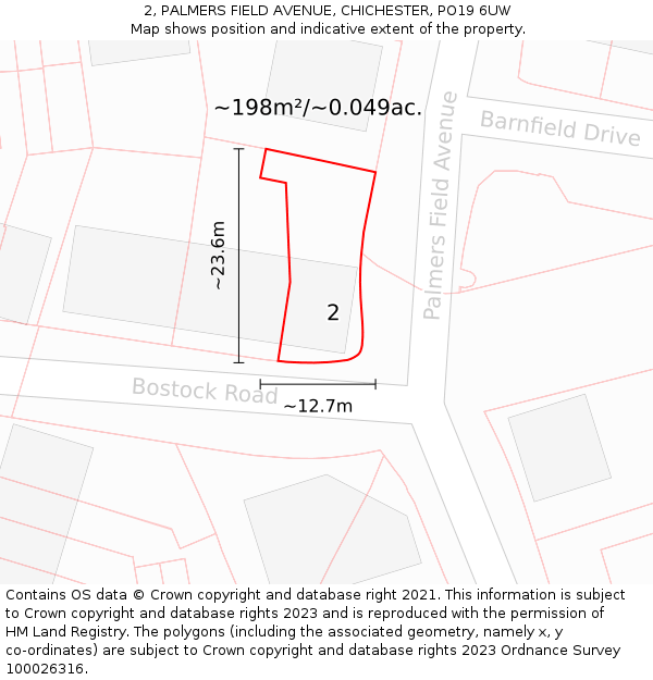 2, PALMERS FIELD AVENUE, CHICHESTER, PO19 6UW: Plot and title map