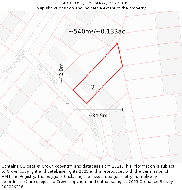 2, PARK CLOSE, HAILSHAM, BN27 3HS: Plot and title map