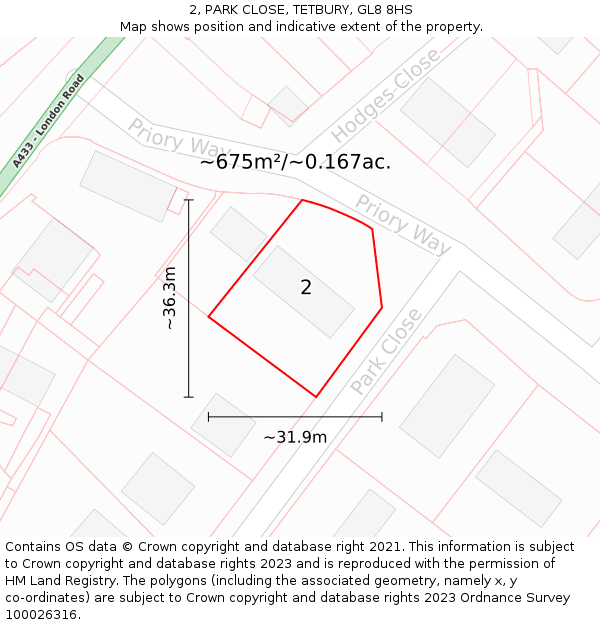 2, PARK CLOSE, TETBURY, GL8 8HS: Plot and title map