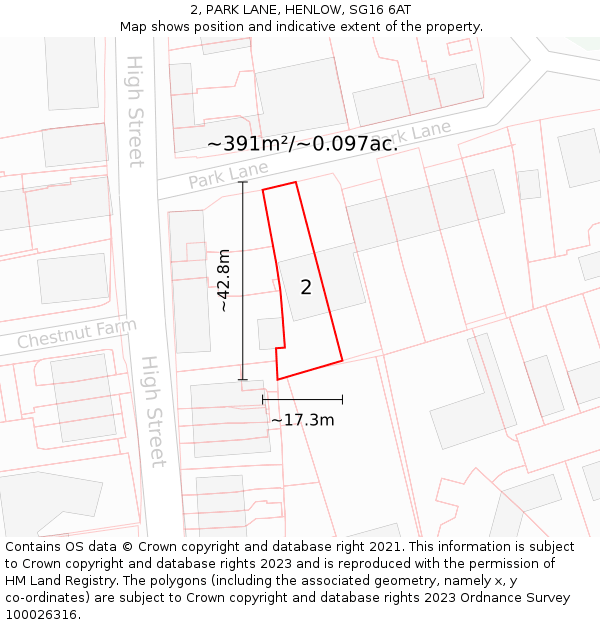 2, PARK LANE, HENLOW, SG16 6AT: Plot and title map