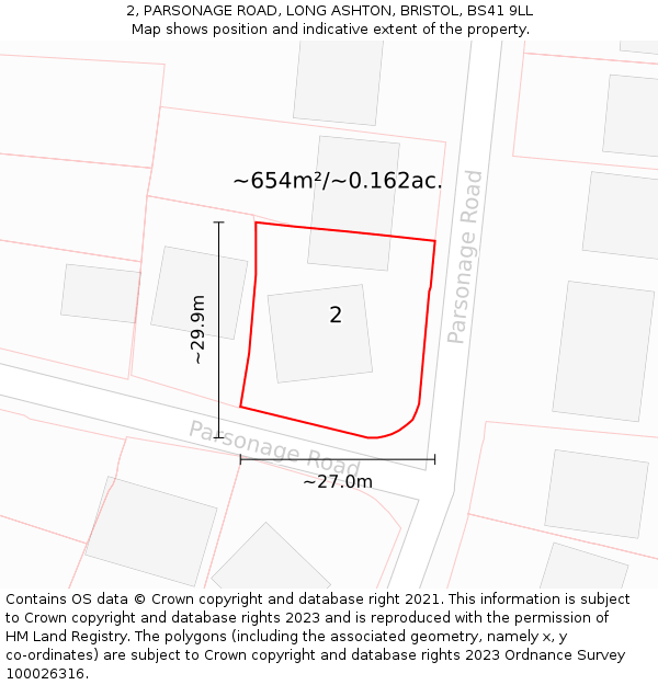 2, PARSONAGE ROAD, LONG ASHTON, BRISTOL, BS41 9LL: Plot and title map