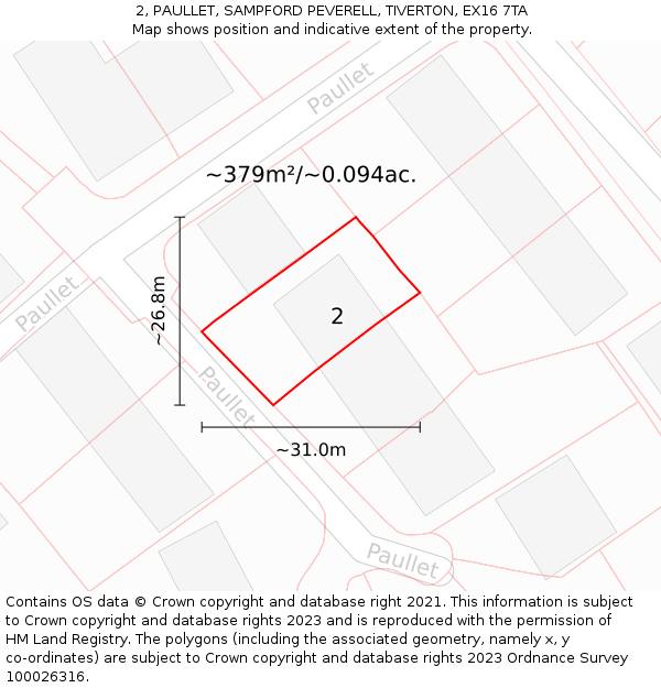 2, PAULLET, SAMPFORD PEVERELL, TIVERTON, EX16 7TA: Plot and title map