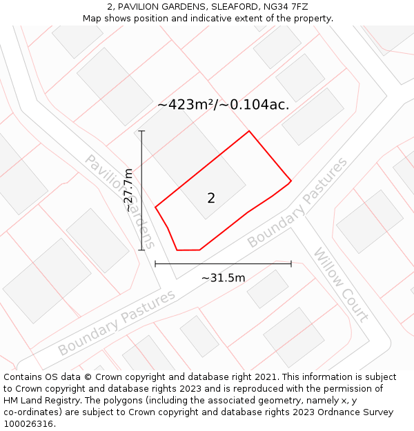 2, PAVILION GARDENS, SLEAFORD, NG34 7FZ: Plot and title map