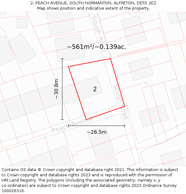 2, PEACH AVENUE, SOUTH NORMANTON, ALFRETON, DE55 2EZ: Plot and title map