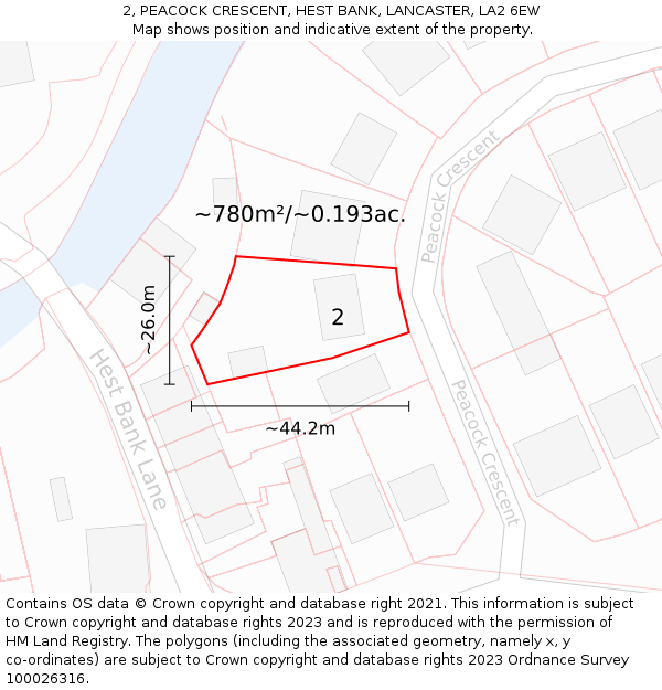 2, PEACOCK CRESCENT, HEST BANK, LANCASTER, LA2 6EW: Plot and title map