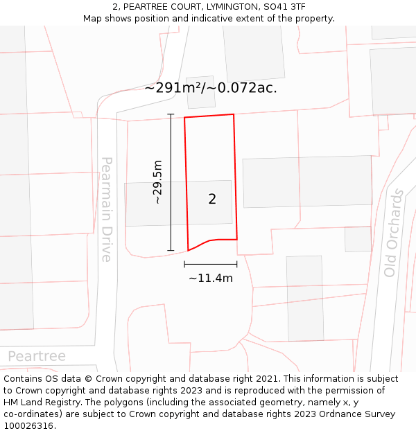 2, PEARTREE COURT, LYMINGTON, SO41 3TF: Plot and title map