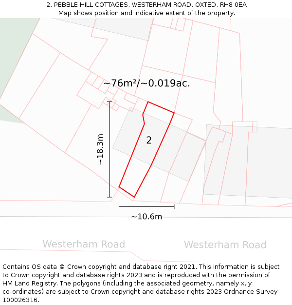 2, PEBBLE HILL COTTAGES, WESTERHAM ROAD, OXTED, RH8 0EA: Plot and title map