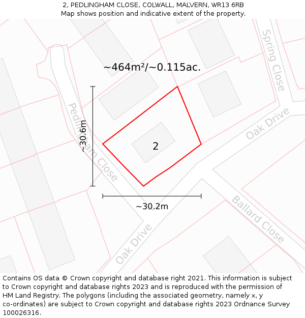 2, PEDLINGHAM CLOSE, COLWALL, MALVERN, WR13 6RB: Plot and title map