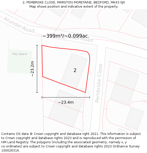 2, PEMBROKE CLOSE, MARSTON MORETAINE, BEDFORD, MK43 0JX: Plot and title map