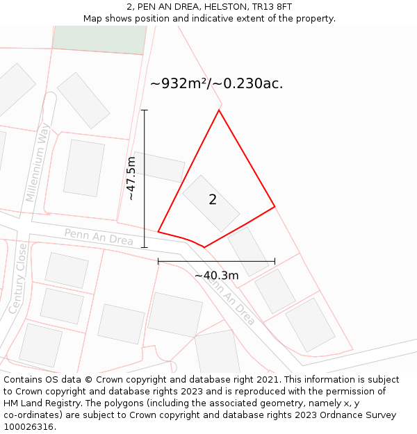 2, PEN AN DREA, HELSTON, TR13 8FT: Plot and title map