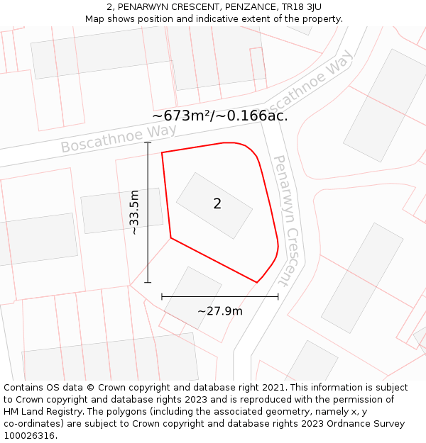 2, PENARWYN CRESCENT, PENZANCE, TR18 3JU: Plot and title map