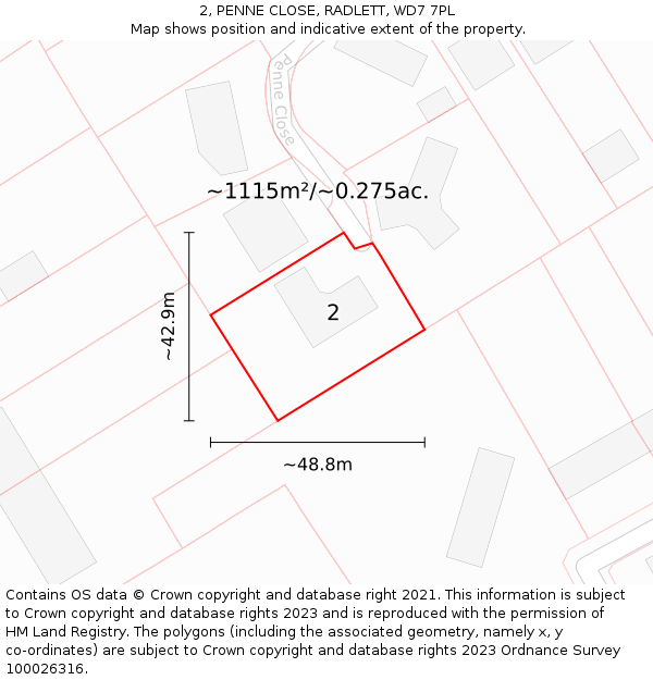 2, PENNE CLOSE, RADLETT, WD7 7PL: Plot and title map