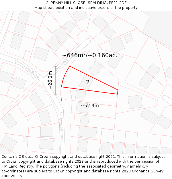 2, PENNY HILL CLOSE, SPALDING, PE11 2DE: Plot and title map