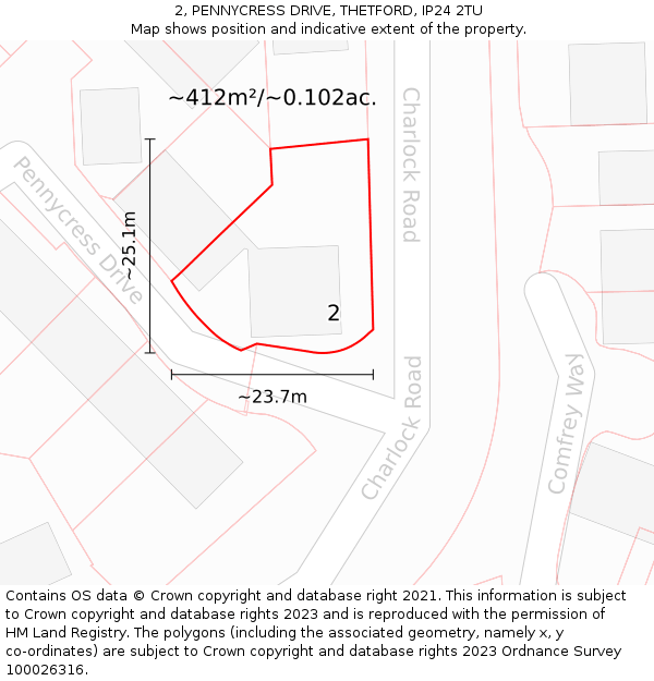 2, PENNYCRESS DRIVE, THETFORD, IP24 2TU: Plot and title map