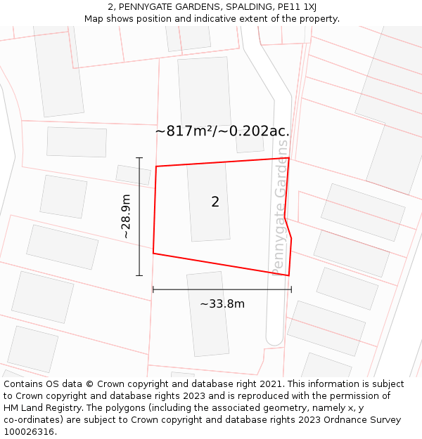 2, PENNYGATE GARDENS, SPALDING, PE11 1XJ: Plot and title map