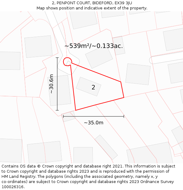 2, PENPONT COURT, BIDEFORD, EX39 3JU: Plot and title map