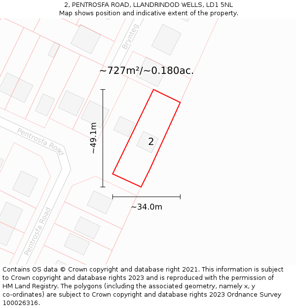 2, PENTROSFA ROAD, LLANDRINDOD WELLS, LD1 5NL: Plot and title map