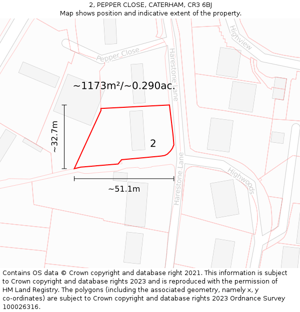 2, PEPPER CLOSE, CATERHAM, CR3 6BJ: Plot and title map