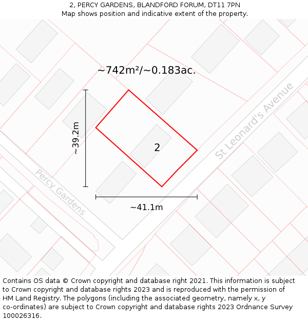 2, PERCY GARDENS, BLANDFORD FORUM, DT11 7PN: Plot and title map