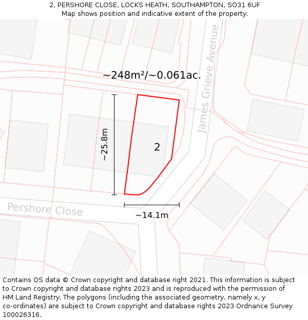 2, PERSHORE CLOSE, LOCKS HEATH, SOUTHAMPTON, SO31 6UF: Plot and title map