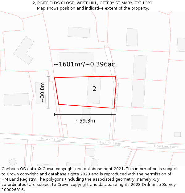 2, PINEFIELDS CLOSE, WEST HILL, OTTERY ST MARY, EX11 1XL: Plot and title map