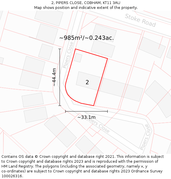 2, PIPERS CLOSE, COBHAM, KT11 3AU: Plot and title map