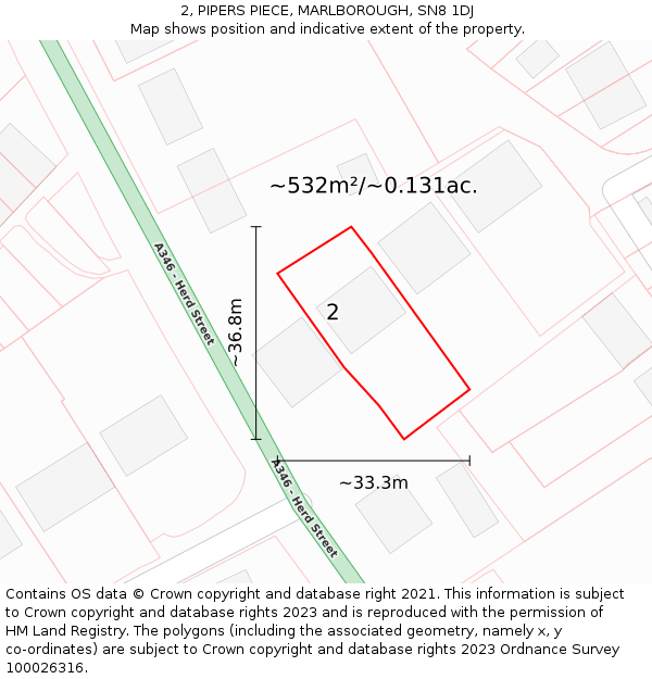 2, PIPERS PIECE, MARLBOROUGH, SN8 1DJ: Plot and title map