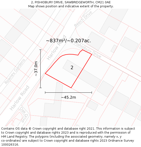 2, PISHIOBURY DRIVE, SAWBRIDGEWORTH, CM21 0AE: Plot and title map