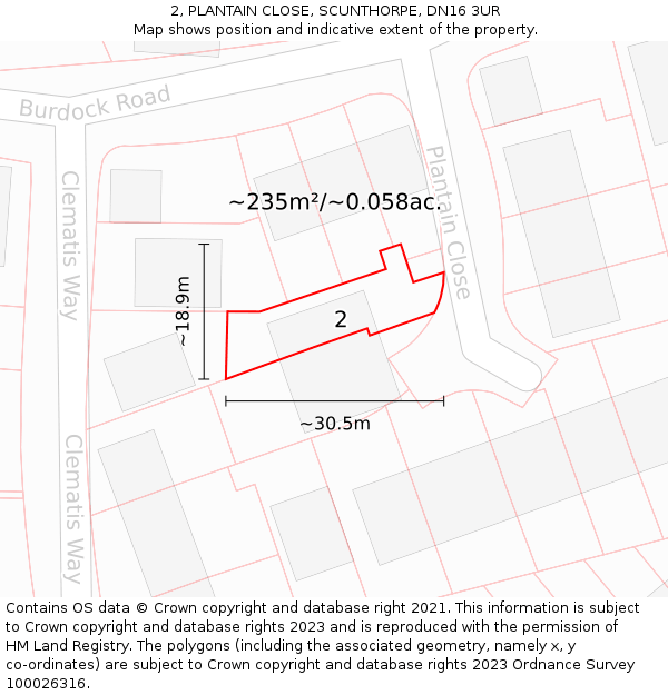 2, PLANTAIN CLOSE, SCUNTHORPE, DN16 3UR: Plot and title map