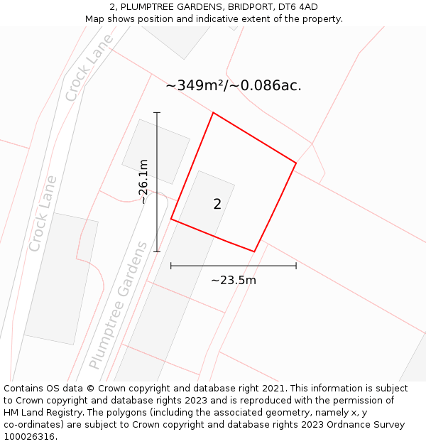 2, PLUMPTREE GARDENS, BRIDPORT, DT6 4AD: Plot and title map