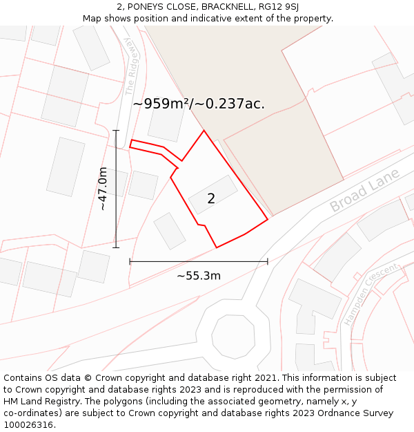 2, PONEYS CLOSE, BRACKNELL, RG12 9SJ: Plot and title map